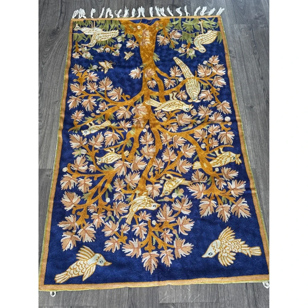 Vintage Tree of Life Chain Stitch Wall Hanging Bird Tapestry Crewel Art 48x32